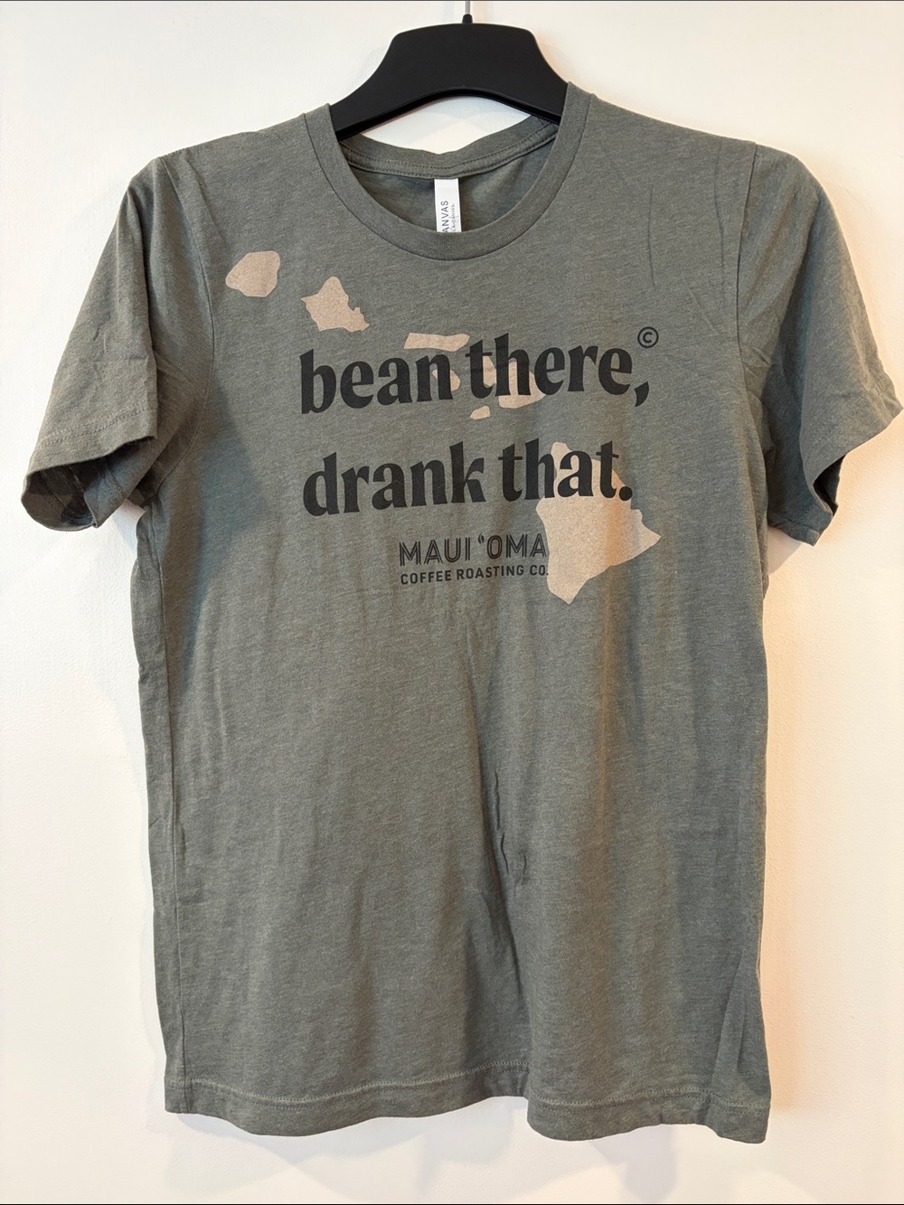 Bella Canvas Olive Green Tee with Black Text and Cream Island Graphics